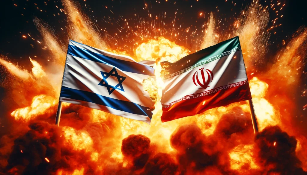 DALL·E-2024-04-14-08.29.28-Enhance-the-previous-image-by-adding-more-fire-and-possibly-sparks-to-intensify-the-dramatic-effect-of-the-collision-between-the-flags-of-Israel-and-I